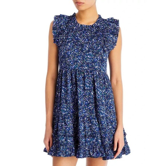 AQUA Womens Dress Medium Blue Floral Mini Shift Ruffle Pleated Babydoll Satin - Picture 1 of 9